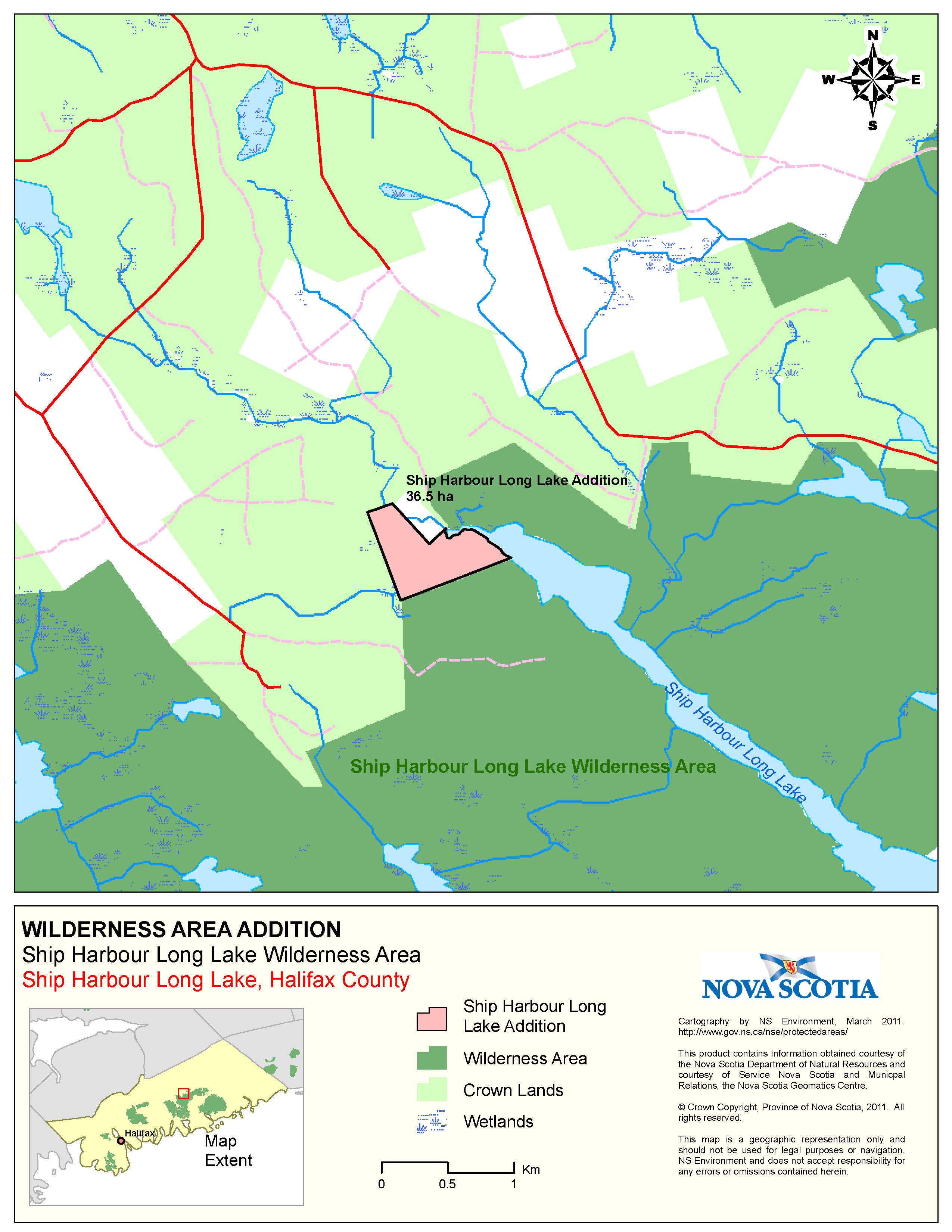 Graphic showing map of Boundaries of Crown Land at  Ship Harbour Long Lake, Halifax County Addition to Ship Harbour Long Lake Wilderness Area